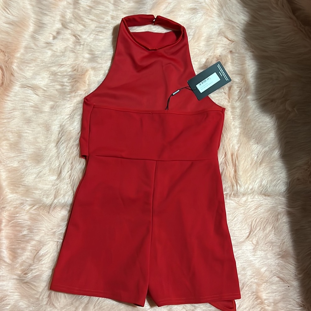 Prettylittlething Red Crepe Drape Playsuit size 12
